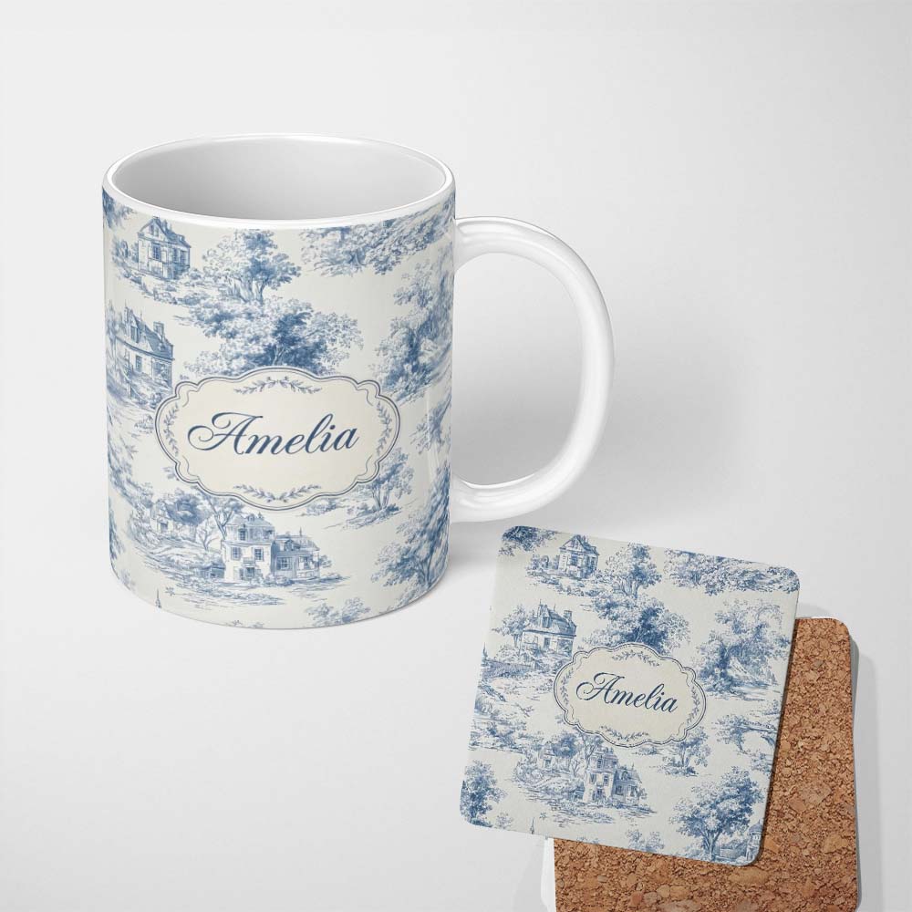 Personalized Custom Name Vintage Toile Tree Nature Countryside Scene Blue White Seamless 11oz Ceramic Coffee Tea Mug White Large Handle