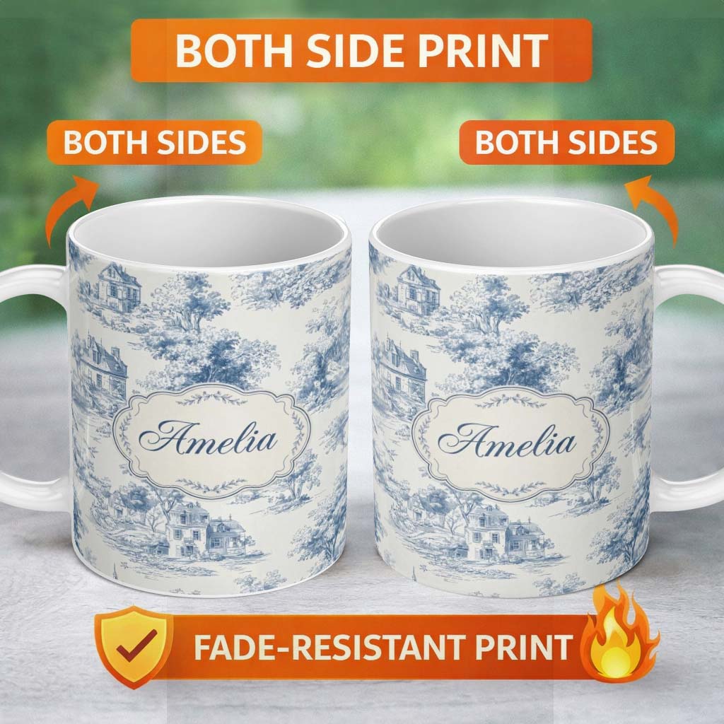 Personalized Custom Name Vintage Toile Tree Nature Countryside Scene Blue White Seamless 11oz Ceramic Coffee Tea Mug White Large Handle
