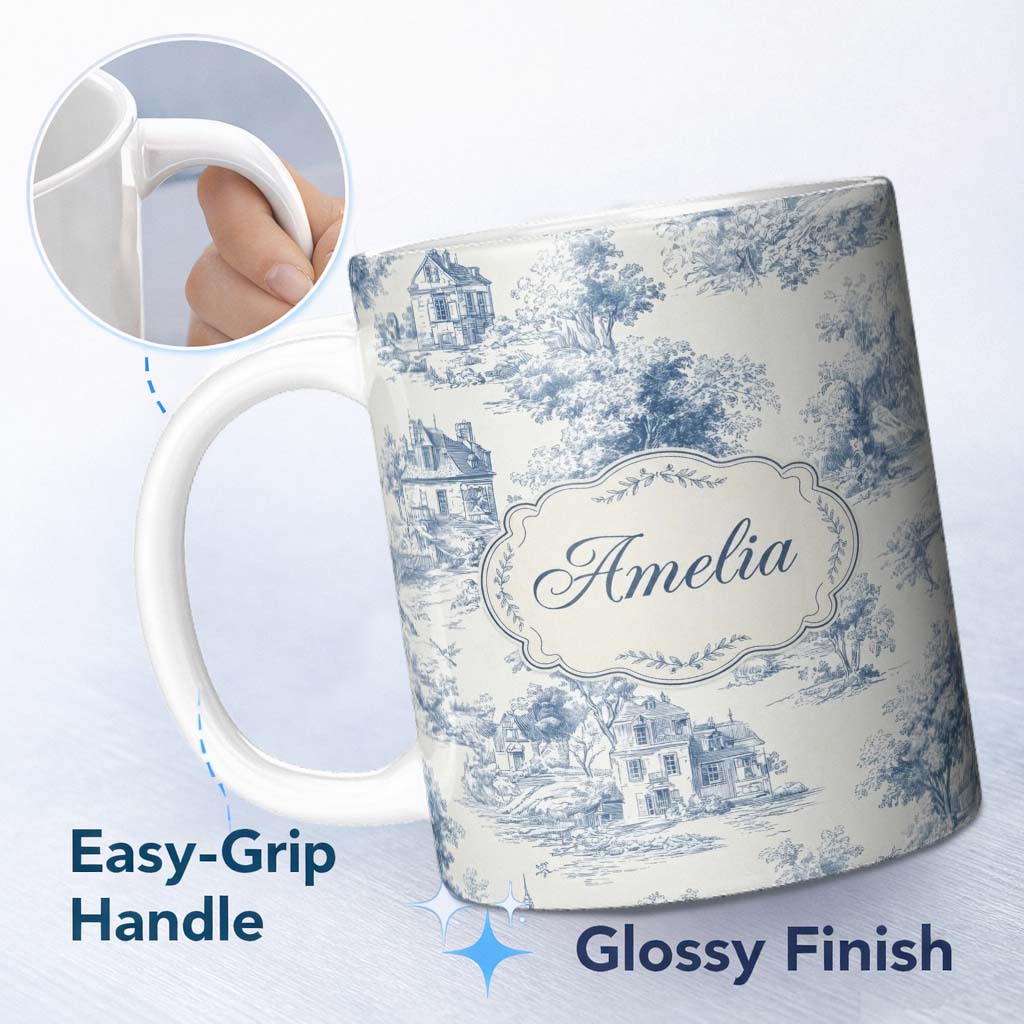 Personalized Custom Name Vintage Toile Tree Nature Countryside Scene Blue White Seamless 11oz Ceramic Coffee Tea Mug White Large Handle