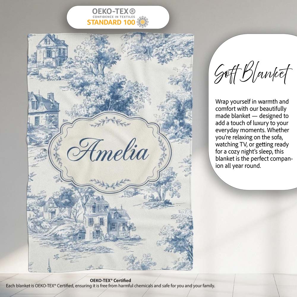 Vintage Toile Tree Nature Countryside Scene Blue White Seamless Personalised Custom Name Super Soft Fleece Blanket Bed Sofa Throw