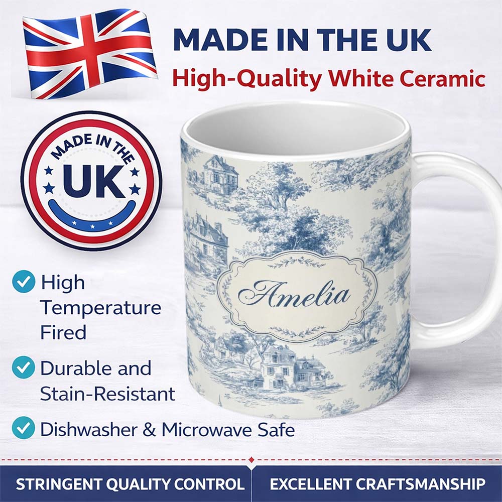 Personalized Custom Name Vintage Toile Tree Nature Countryside Scene Blue White Seamless 11oz Ceramic Coffee Tea Mug White Large Handle