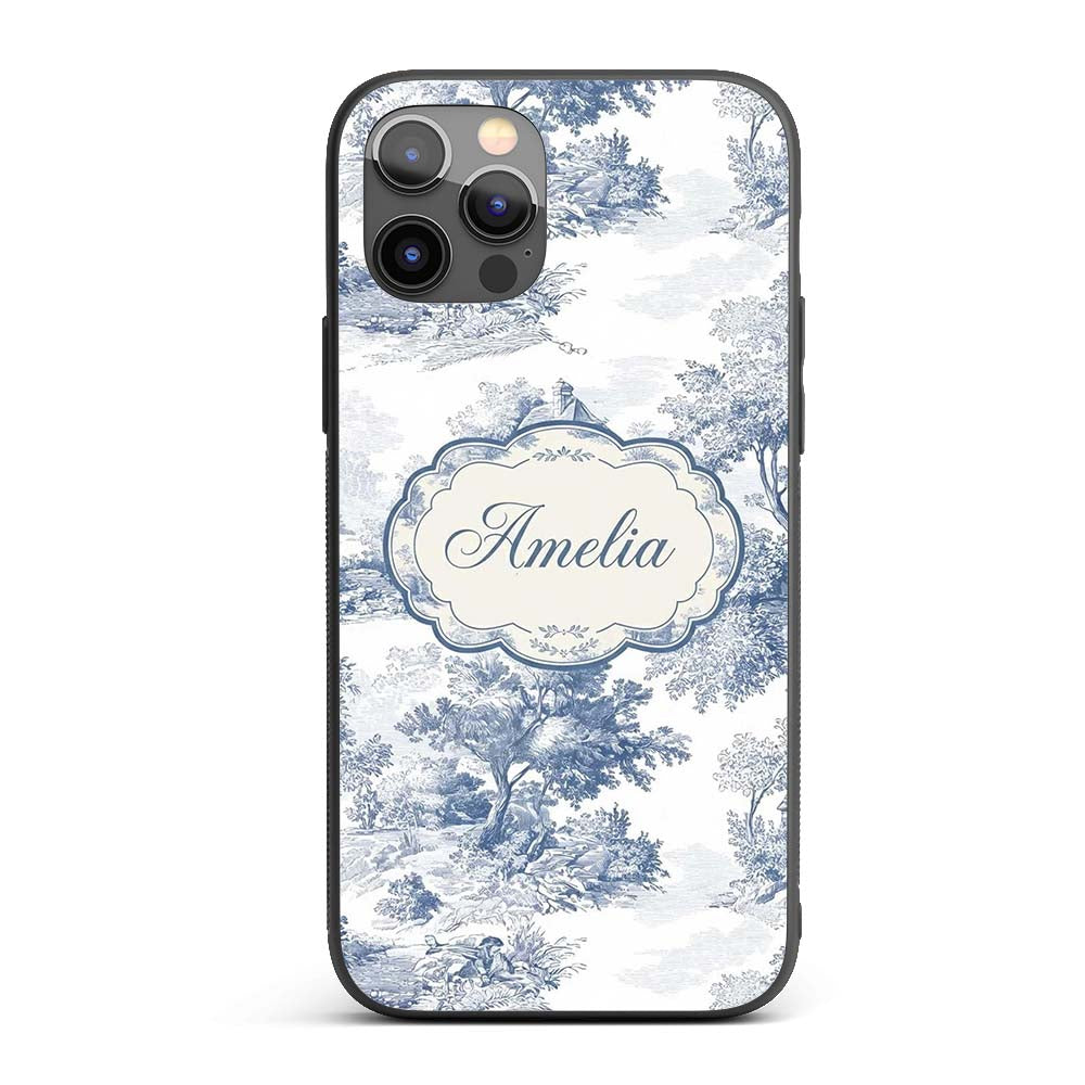 Vintage Toile Country House Landscape Scene Blue Custom Name Protective Phone Case Mobile Cover Durable Everyday Smartphone Shock Resistant
