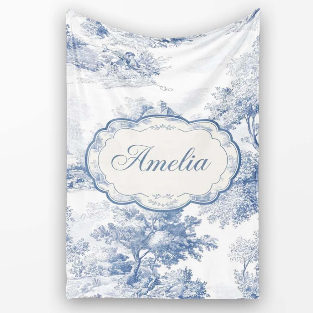 Vintage Toile Country House Landscape Scene Blue White Seamless Personalised Custom Name Super Soft Fleece Blanket Bed Sofa Throw