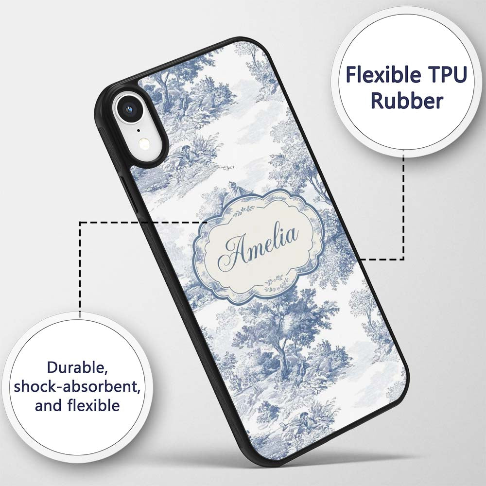 Vintage Toile Country House Landscape Scene Blue Custom Name Protective Phone Case Mobile Cover Durable Everyday Smartphone Shock Resistant