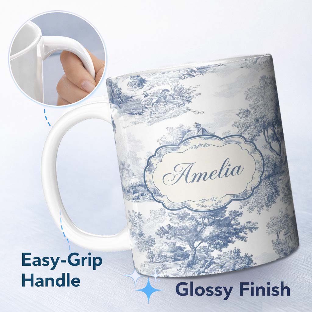 Personalized Custom Name Vintage Toile Country House Landscape Scene Blue White Seamless 11oz Ceramic Coffee Tea Mug White Large Handle