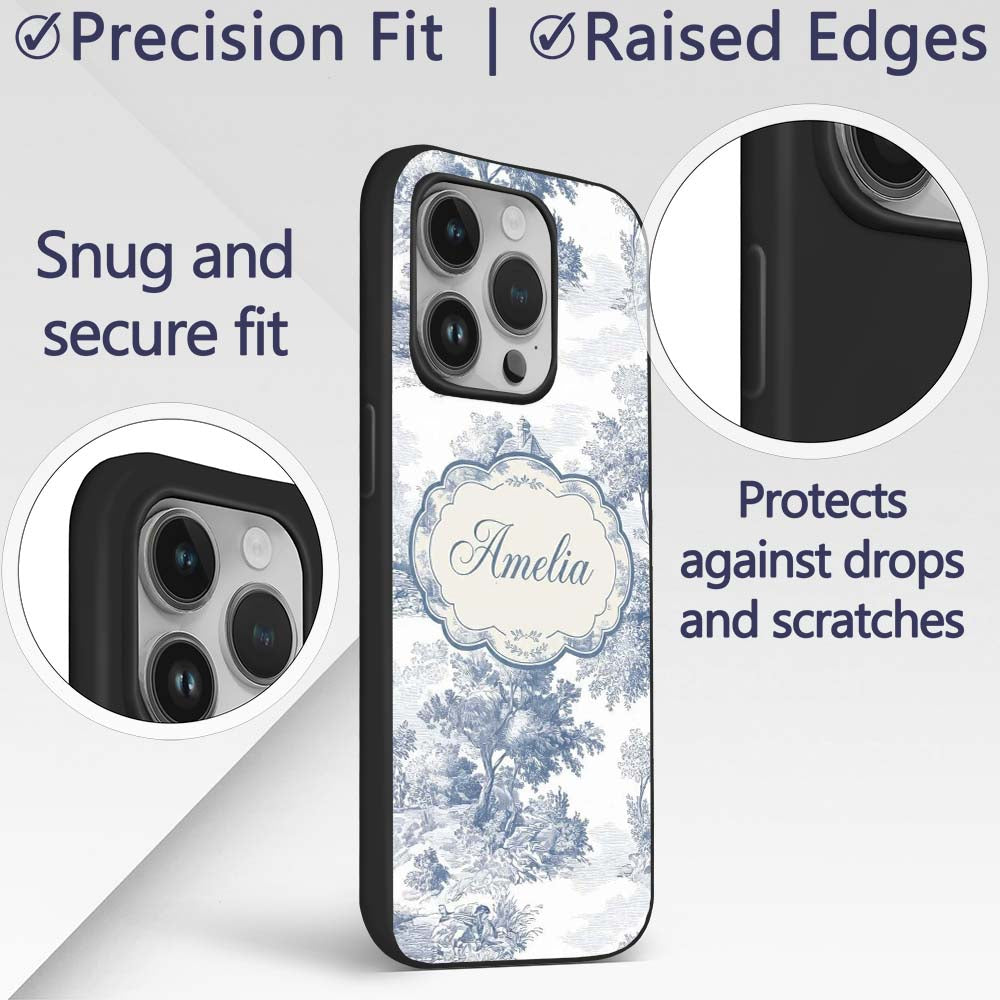 Vintage Toile Country House Landscape Scene Blue Custom Name Protective Phone Case Mobile Cover Durable Everyday Smartphone Shock Resistant