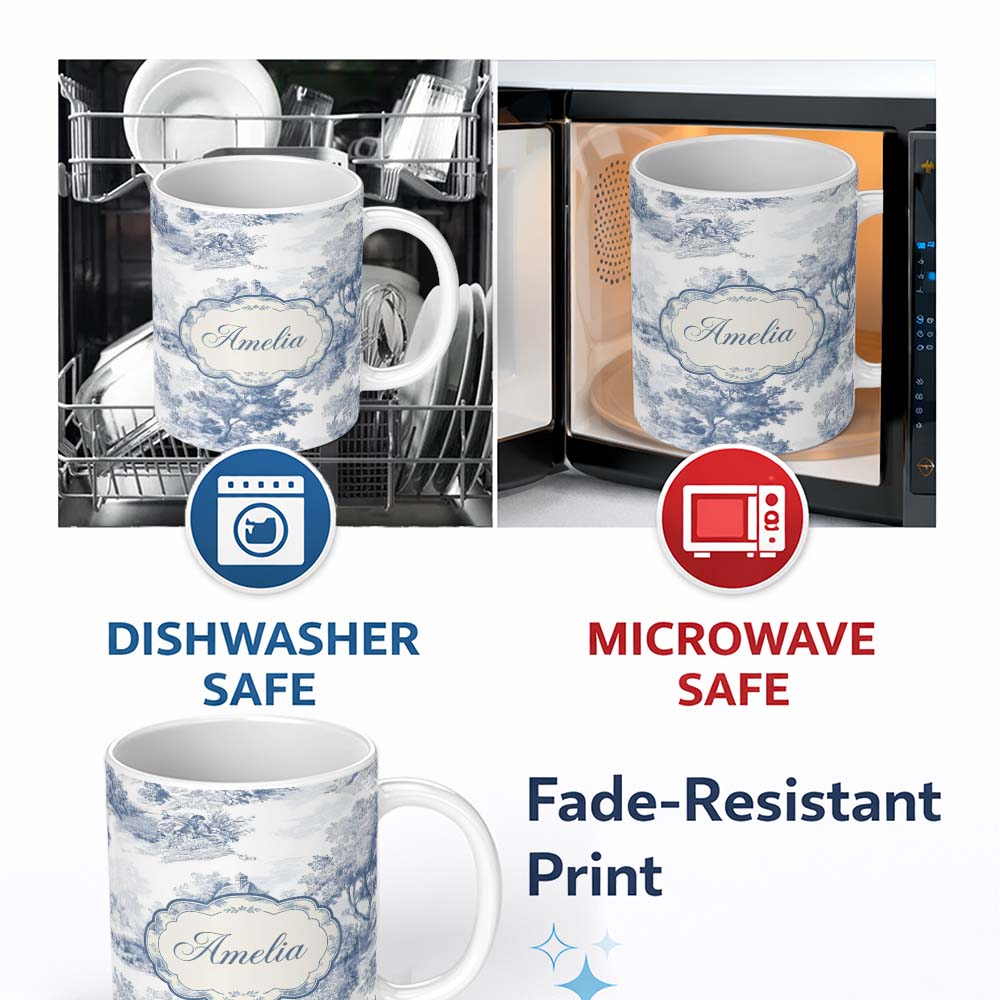 Personalized Custom Name Vintage Toile Country House Landscape Scene Blue White Seamless 11oz Ceramic Coffee Tea Mug White Large Handle