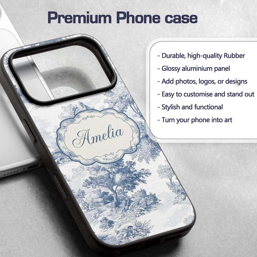 Vintage Toile Country House Landscape Scene Blue Custom Name Protective Phone Case Mobile Cover Durable Everyday Smartphone Shock Resistant