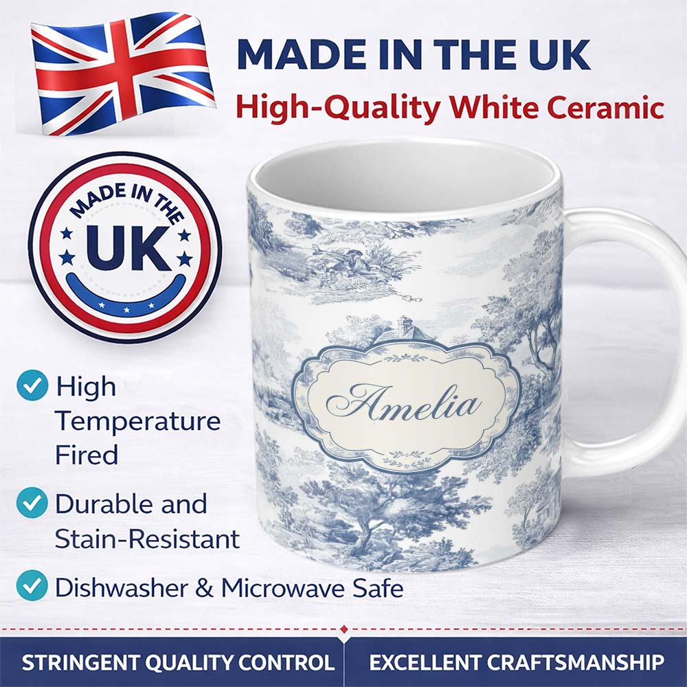 Personalized Custom Name Vintage Toile Country House Landscape Scene Blue White Seamless 11oz Ceramic Coffee Tea Mug White Large Handle