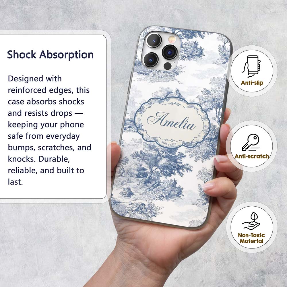 Vintage Toile Country House Landscape Scene Blue Custom Name Protective Phone Case Mobile Cover Durable Everyday Smartphone Shock Resistant