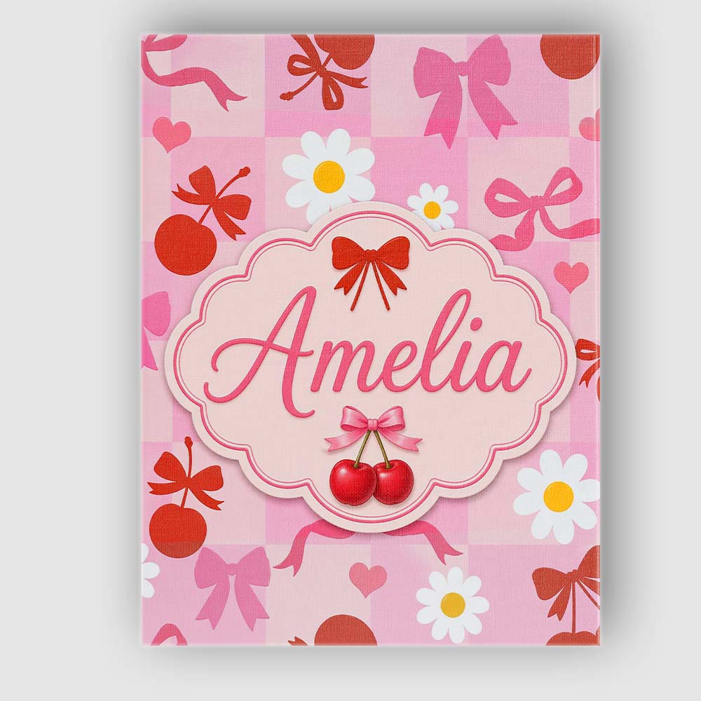 Personalised Name Cute Cherry Bow Daisy Heart Seamless Pattern on Custom Bespoke Canvas Wall Art Print Decor Picture Ready to Hang