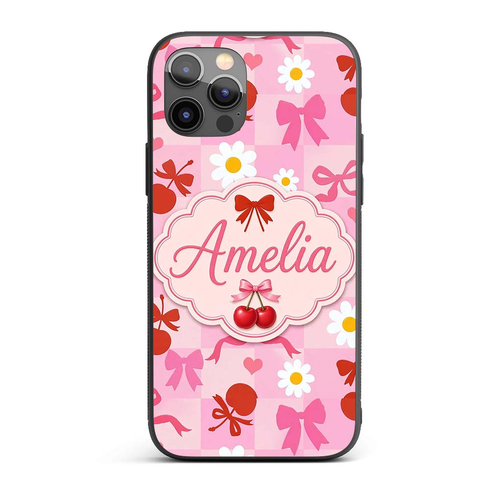 Cute Cherry Bow Daisy Heart Seamless Pattern on Custom Name Protective Phone Case Mobile Cover Durable Everyday Smartphone Shock Resistant