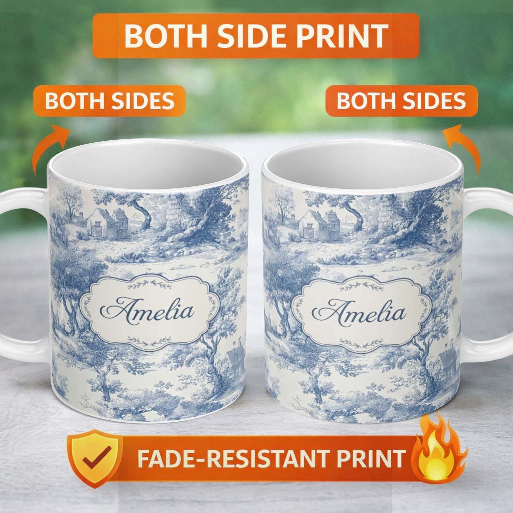 Personalized Custom Name Vintage Toile Scenic Rural Village Landscape Blue White Seamless 11oz Ceramic Coffee Tea Mug White Large Handle