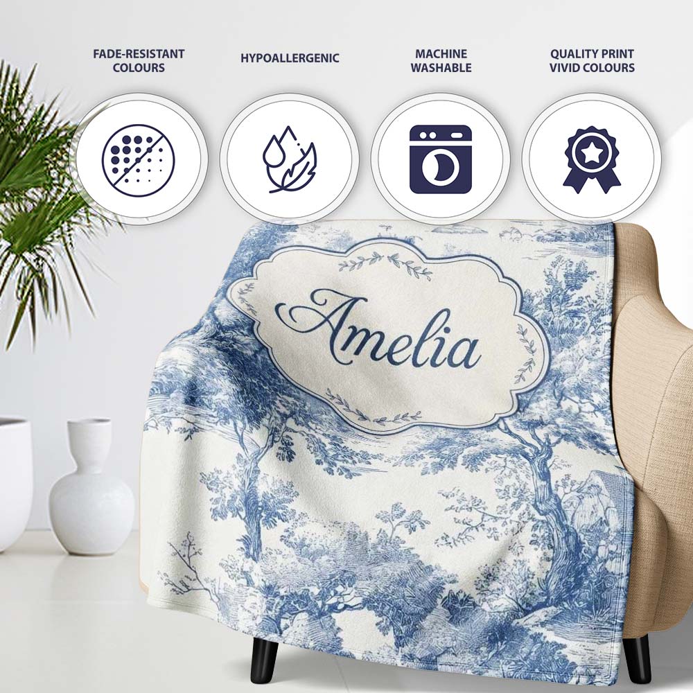 Vintage Toile Scenic Rural Village Landscape Blue White Seamless Personalised Custom Name Super Soft Fleece Blanket Bed Sofa Throw