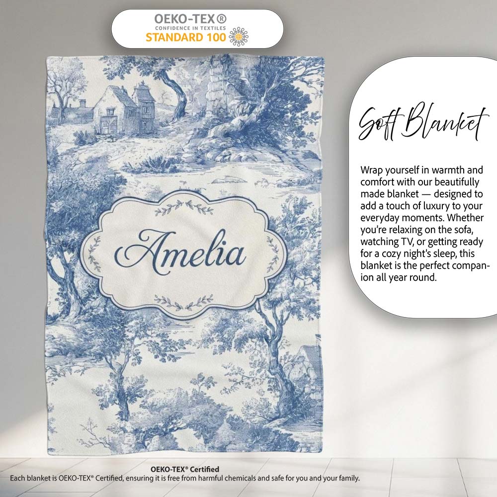 Vintage Toile Scenic Rural Village Landscape Blue White Seamless Personalised Custom Name Super Soft Fleece Blanket Bed Sofa Throw