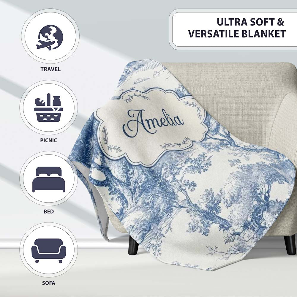 Vintage Toile Scenic Rural Village Landscape Blue White Seamless Personalised Custom Name Super Soft Fleece Blanket Bed Sofa Throw