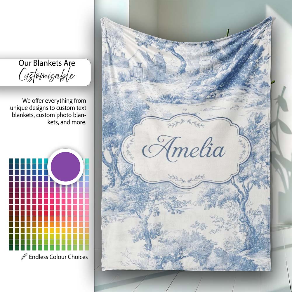 Vintage Toile Scenic Rural Village Landscape Blue White Seamless Personalised Custom Name Super Soft Fleece Blanket Bed Sofa Throw