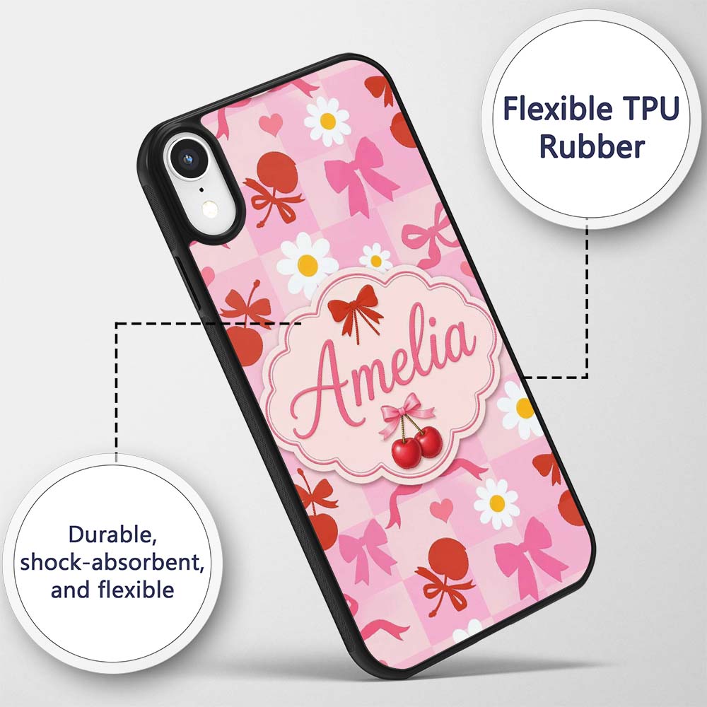 Cute Cherry Bow Daisy Heart Seamless Pattern on Custom Name Protective Phone Case Mobile Cover Durable Everyday Smartphone Shock Resistant