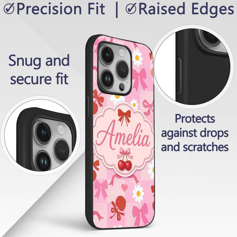 Cute Cherry Bow Daisy Heart Seamless Pattern on Custom Name Protective Phone Case Mobile Cover Durable Everyday Smartphone Shock Resistant