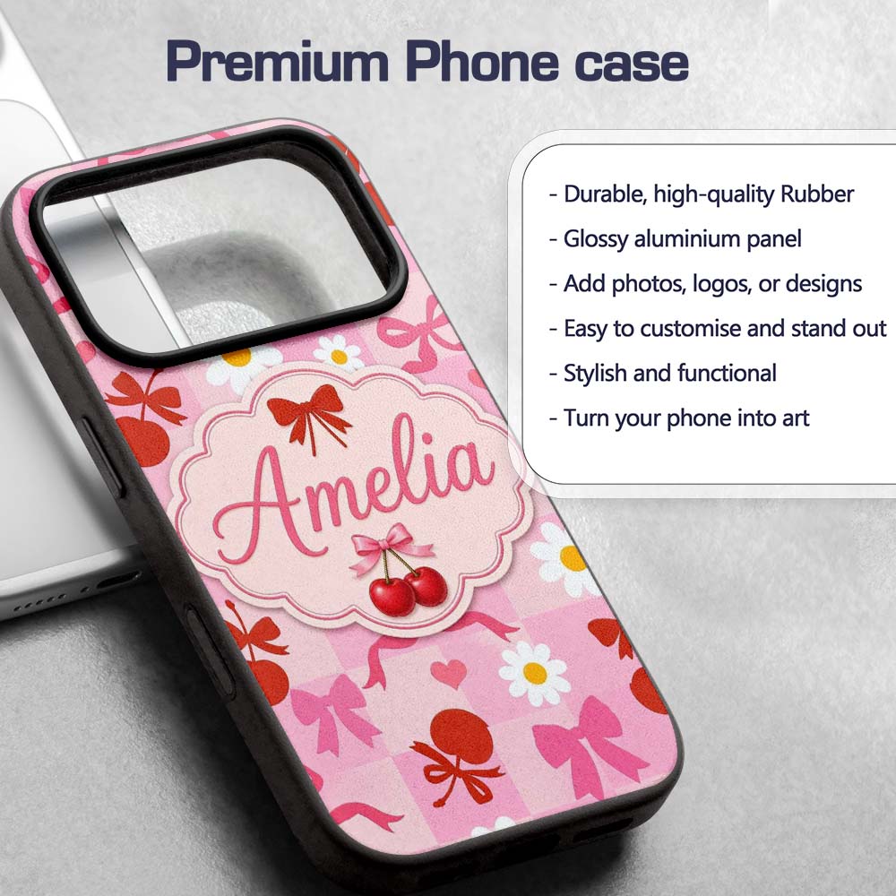 Cute Cherry Bow Daisy Heart Seamless Pattern on Custom Name Protective Phone Case Mobile Cover Durable Everyday Smartphone Shock Resistant