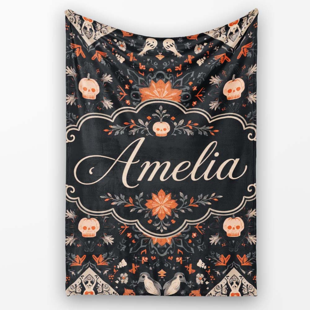 Halloween Skull Pumpkin Folk Art Dark Seamless Pattern Name Cute Personalised Custom Name Super Soft Fleece Blanket Bed Sofa Throw