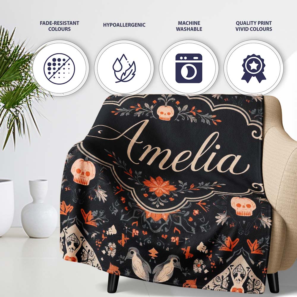 Halloween Skull Pumpkin Folk Art Dark Seamless Pattern Name Cute Personalised Custom Name Super Soft Fleece Blanket Bed Sofa Throw