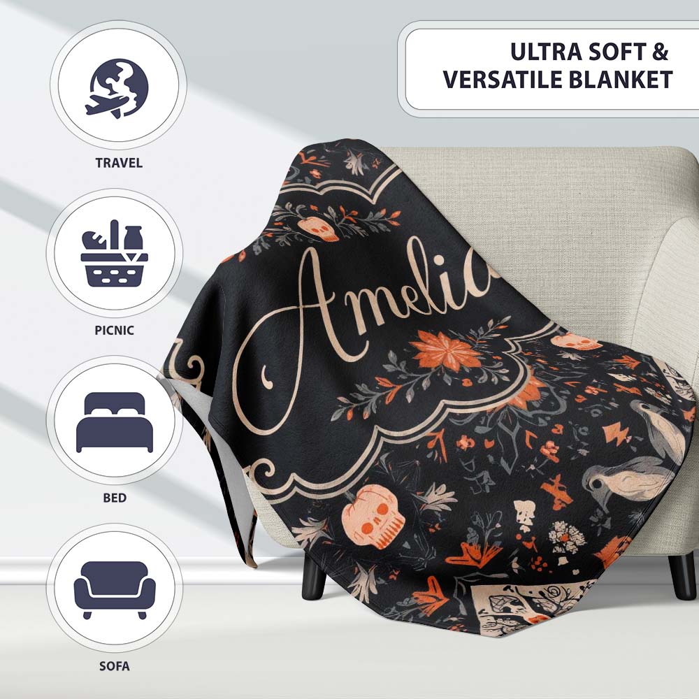 Halloween Skull Pumpkin Folk Art Dark Seamless Pattern Name Cute Personalised Custom Name Super Soft Fleece Blanket Bed Sofa Throw