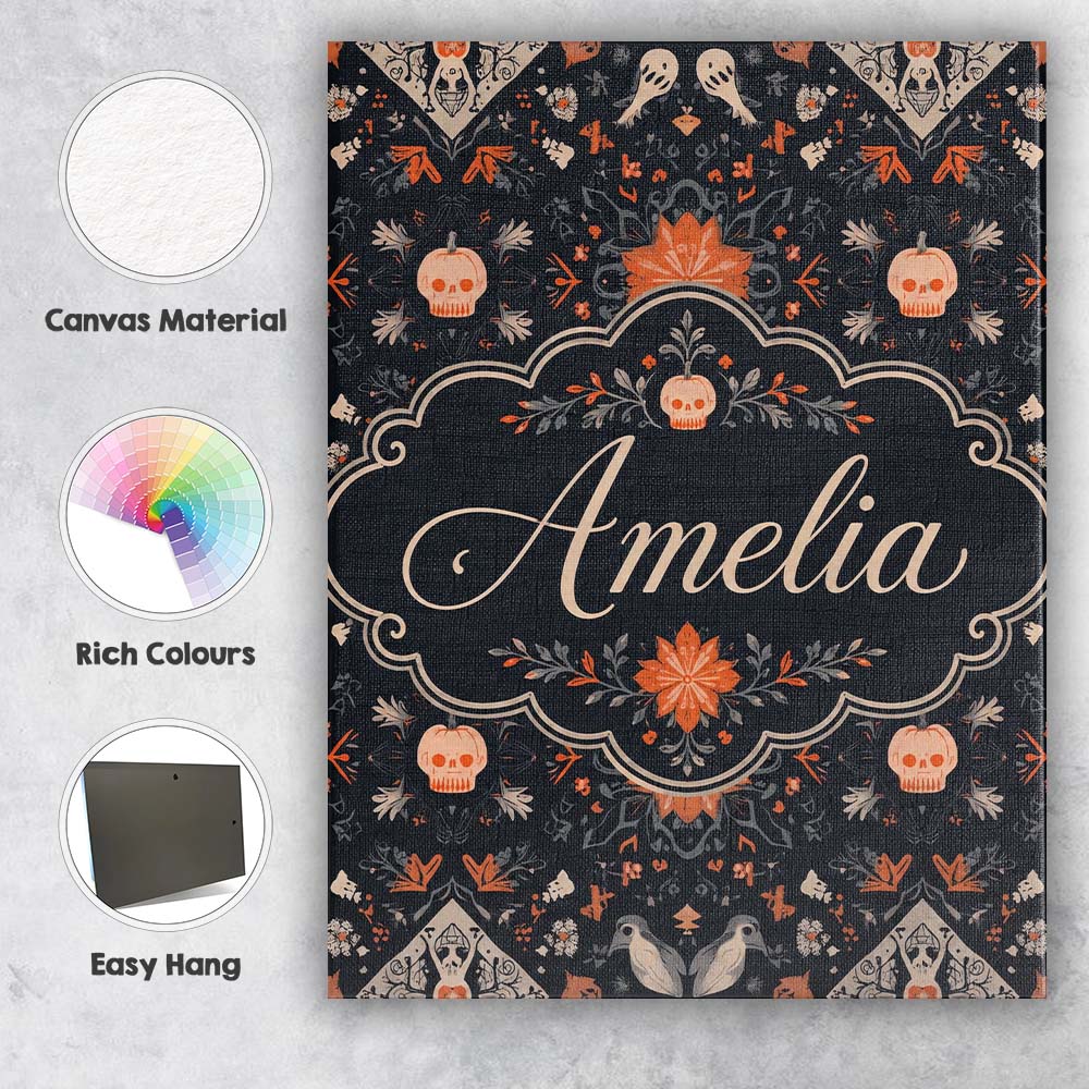 Personalised Name Halloween Skull Pumpkin Custom Unique Gift Idea Elegant Feature Canvas Wall Art Print Decor Picture Ready to Hang