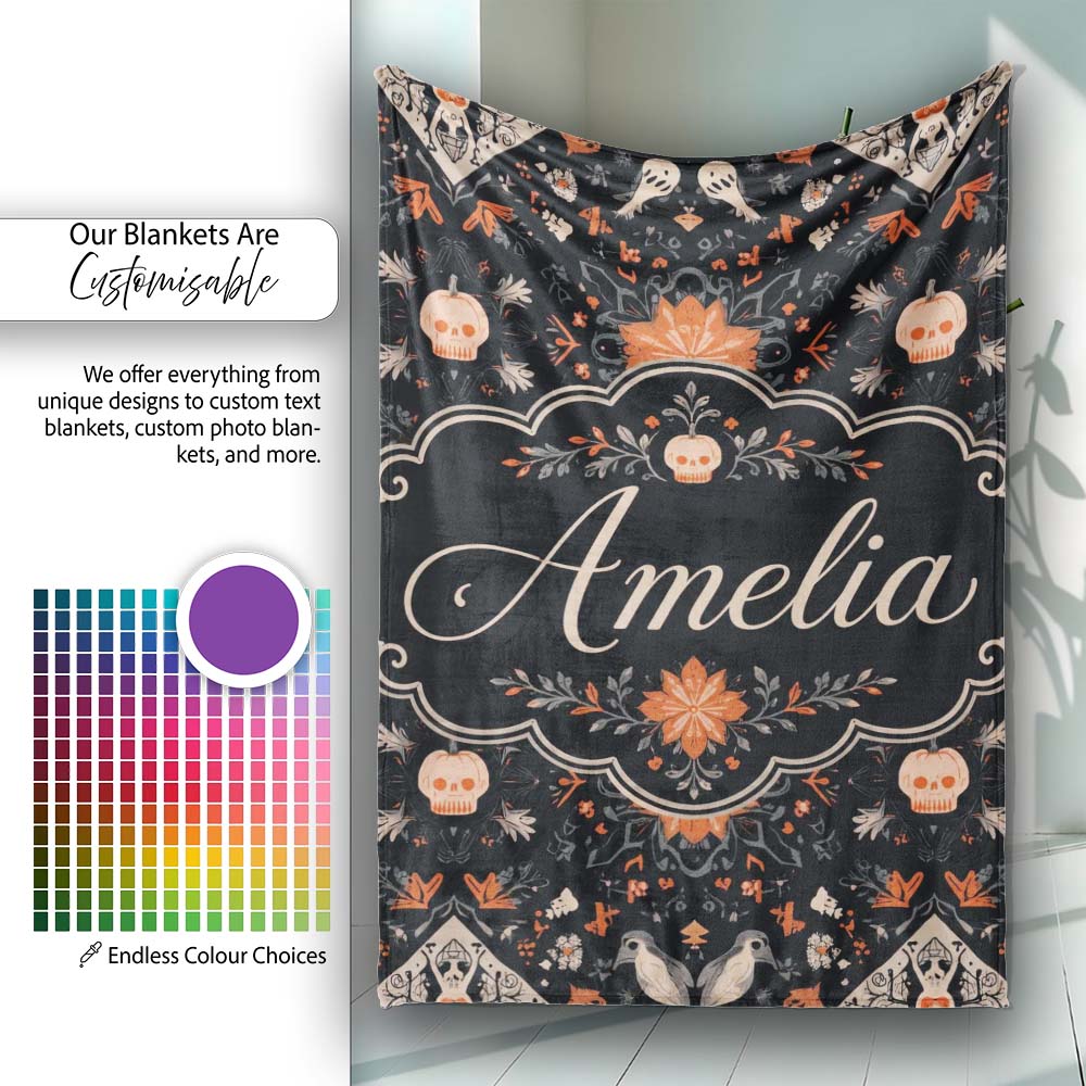 Halloween Skull Pumpkin Folk Art Dark Seamless Pattern Name Cute Personalised Custom Name Super Soft Fleece Blanket Bed Sofa Throw