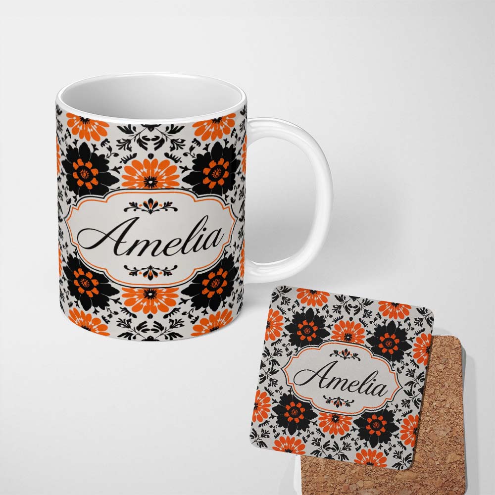 Personalized Custom Name Bold Orange Black Floral Folk Art Seamless Pattern Name Cute Unique 11oz Ceramic Coffee Tea Mug White Large Handle