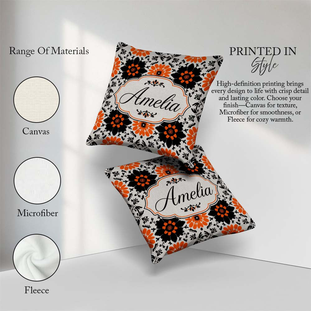 Custom Name Bold Orange Black Floral Folk Art Seamless Name Cute Square Filled Cushion Throw Pillow Sofa Bed Home Decor Zip Washable UK Made