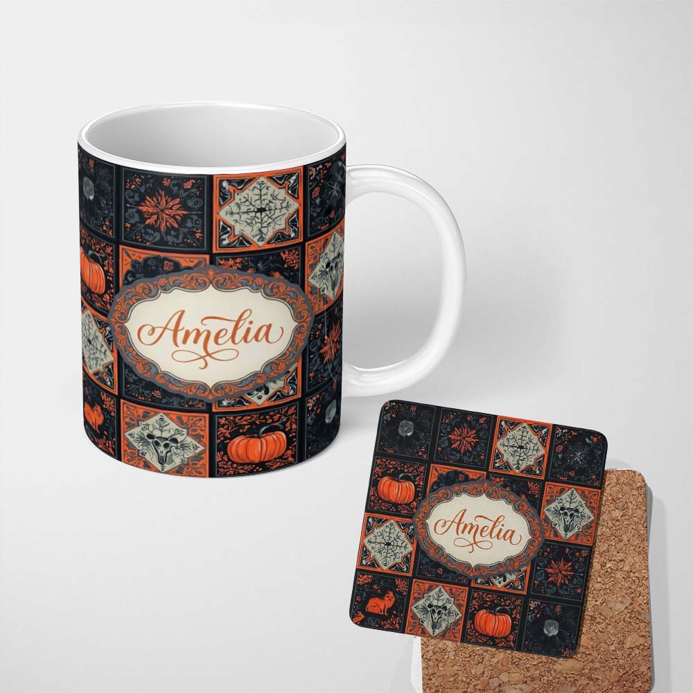 Personalized Custom Name Halloween Patchwork Tiles Pumpkin Fox Bird Seamless Pattern Name 11oz Ceramic Coffee Tea Mug White Large Handle