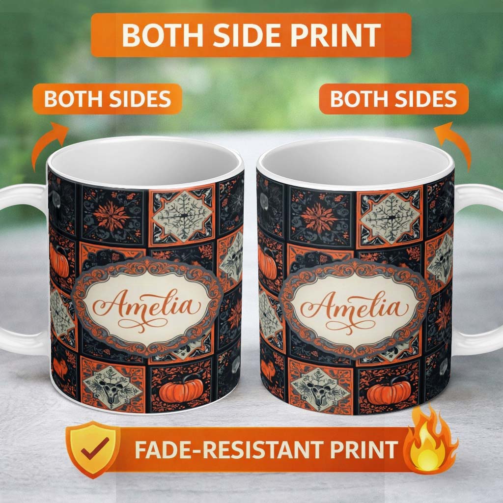 Personalized Custom Name Halloween Patchwork Tiles Pumpkin Fox Bird Seamless Pattern Name 11oz Ceramic Coffee Tea Mug White Large Handle