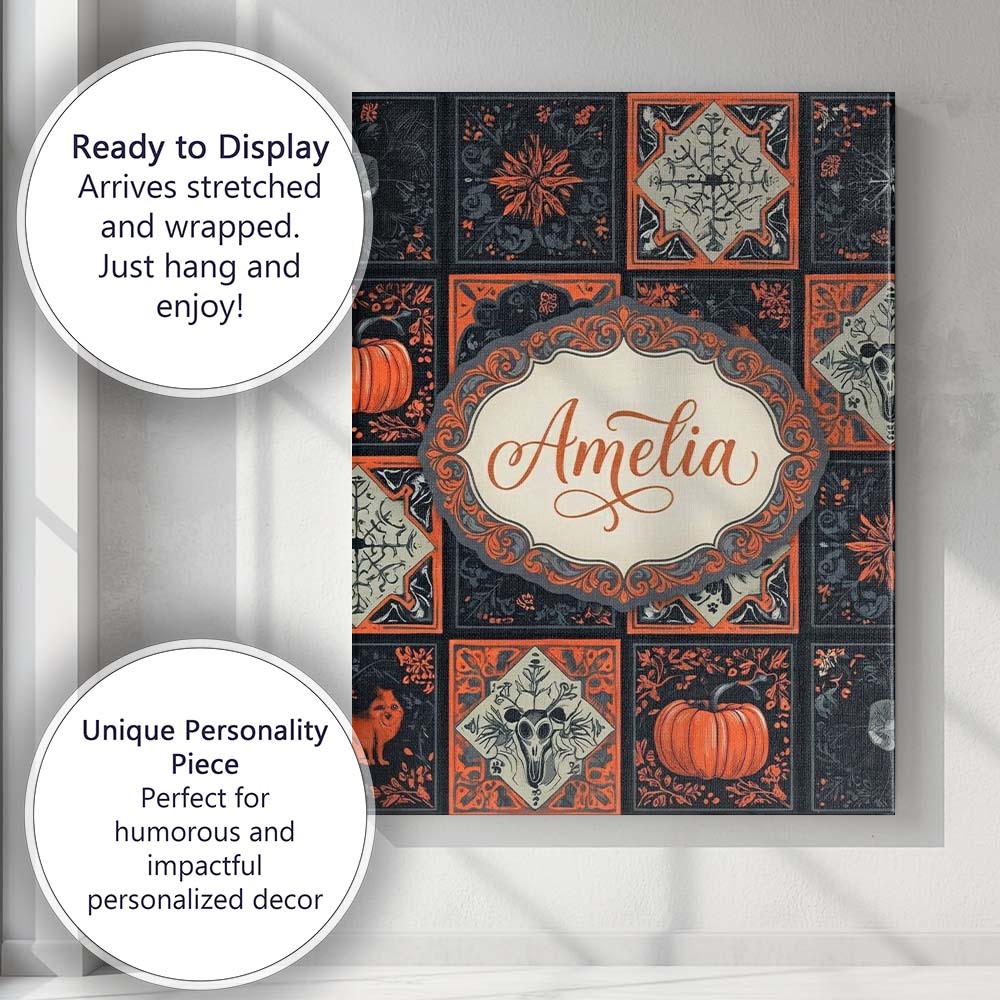 Personalised Name Halloween Patchwork Tiles Custom Bespoke Interior Contemporary Canvas Wall Art Print Decor Picture Ready to Hang