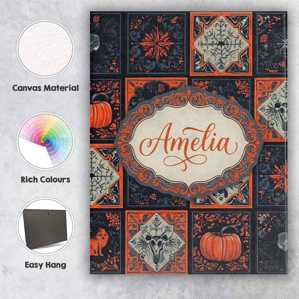 Personalised Name Halloween Patchwork Tiles Custom Bespoke Interior Contemporary Canvas Wall Art Print Decor Picture Ready to Hang