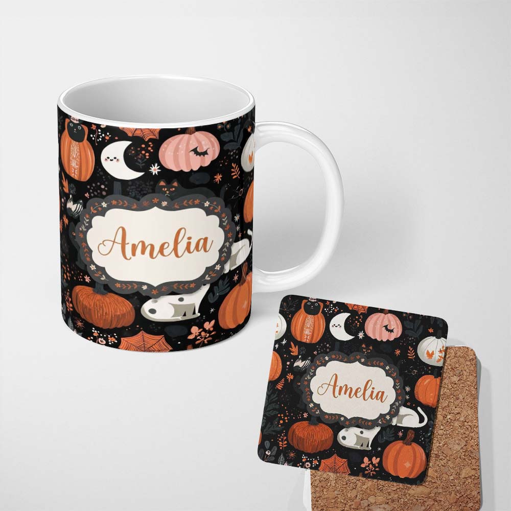 Personalized Custom Name Cute Halloween Cats Pumpkins Moon Night Seamless Pattern Name 11oz Ceramic Coffee Tea Mug White Large Handle