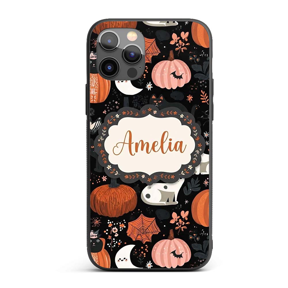 Cute Halloween Cats Pumpkins Moon Night Seamless Custom Name Protective Phone Case Mobile Cover Durable Everyday Smartphone Shock Resistant