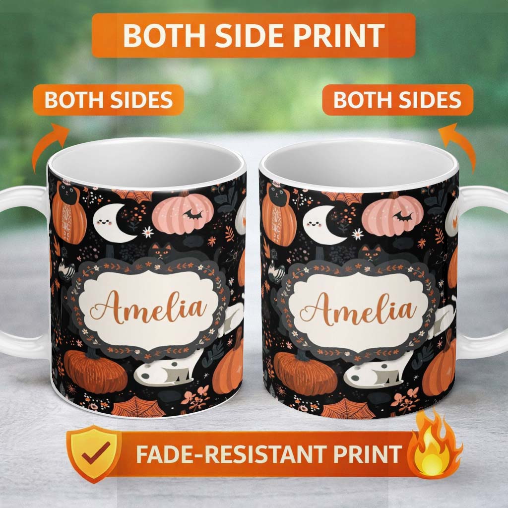 Personalized Custom Name Cute Halloween Cats Pumpkins Moon Night Seamless Pattern Name 11oz Ceramic Coffee Tea Mug White Large Handle