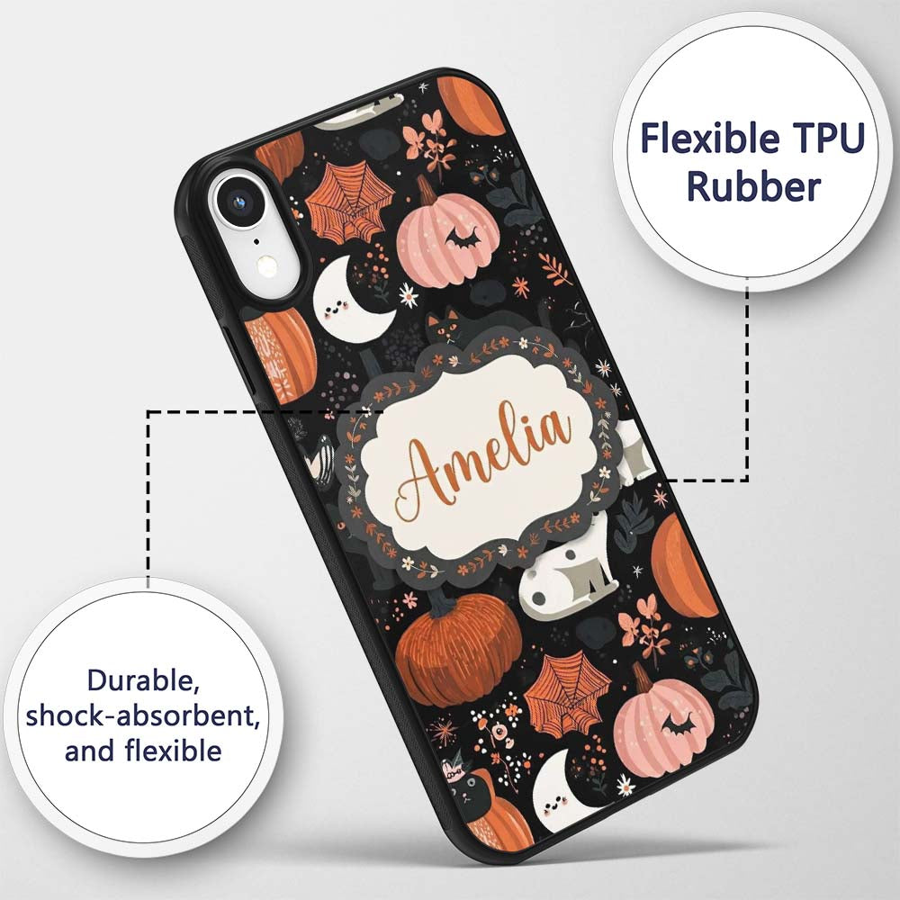 Cute Halloween Cats Pumpkins Moon Night Seamless Custom Name Protective Phone Case Mobile Cover Durable Everyday Smartphone Shock Resistant