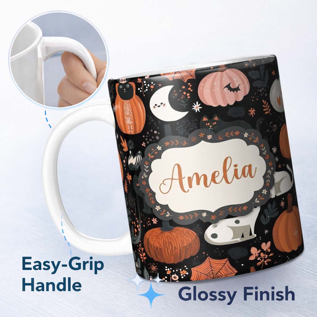 Personalized Custom Name Cute Halloween Cats Pumpkins Moon Night Seamless Pattern Name 11oz Ceramic Coffee Tea Mug White Large Handle