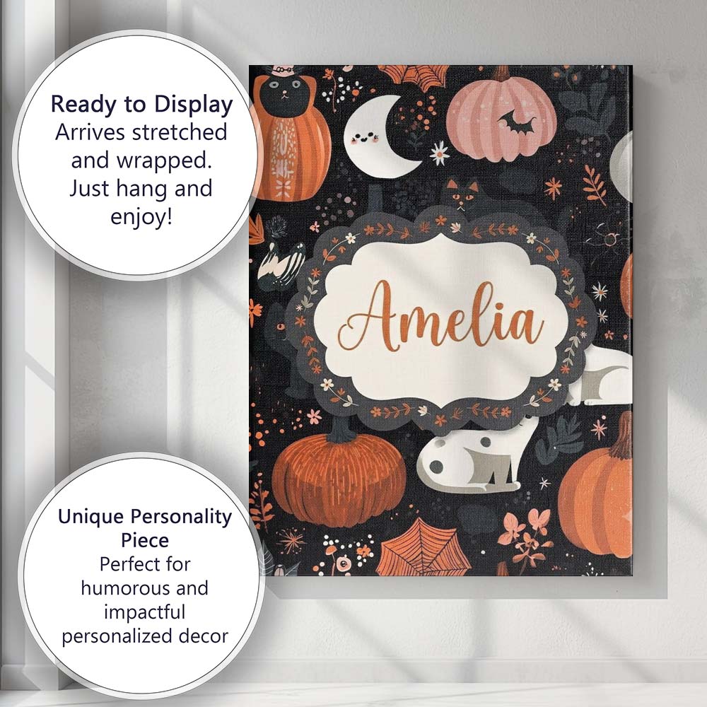 Personalised Name Cute Halloween Cats Custom Modern Room Accent Creative Decorator Style Canvas Wall Art Print Decor Picture Ready to Hang