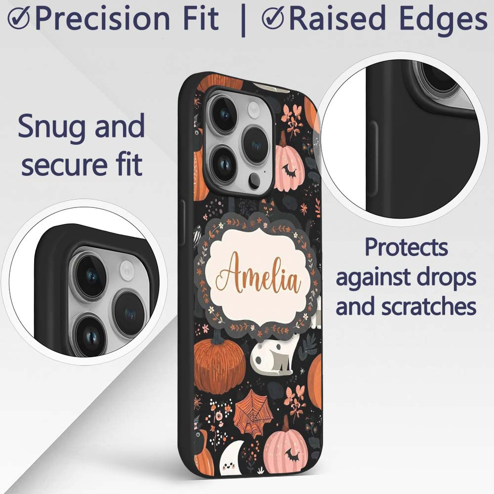 Cute Halloween Cats Pumpkins Moon Night Seamless Custom Name Protective Phone Case Mobile Cover Durable Everyday Smartphone Shock Resistant