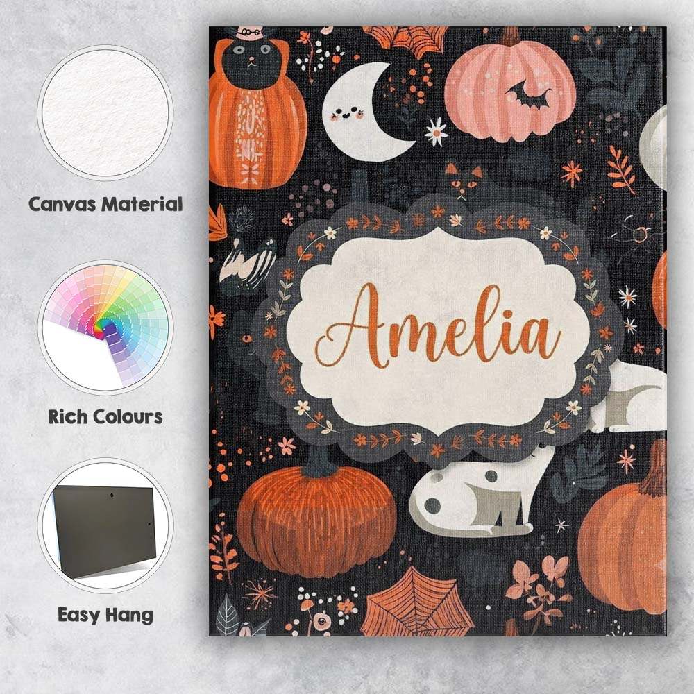 Personalised Name Cute Halloween Cats Custom Modern Room Accent Creative Decorator Style Canvas Wall Art Print Decor Picture Ready to Hang