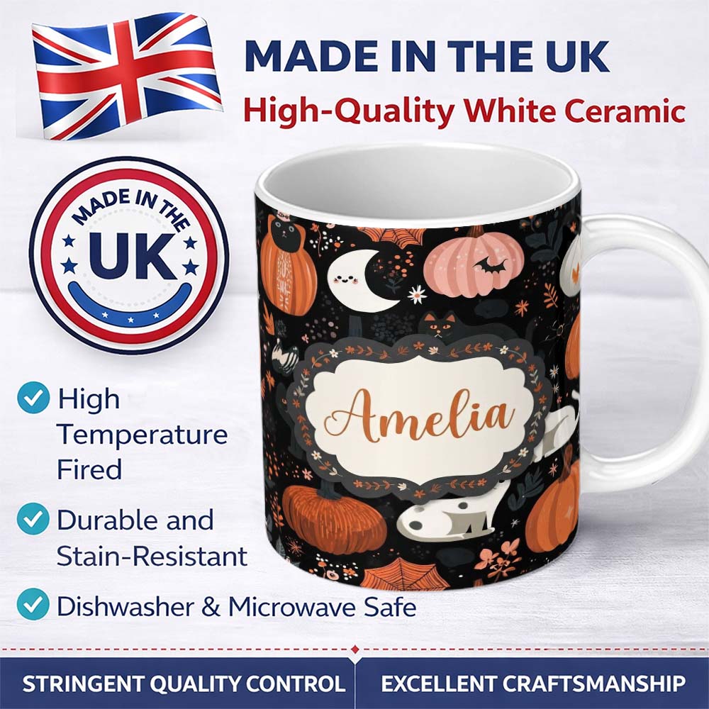 Personalized Custom Name Cute Halloween Cats Pumpkins Moon Night Seamless Pattern Name 11oz Ceramic Coffee Tea Mug White Large Handle