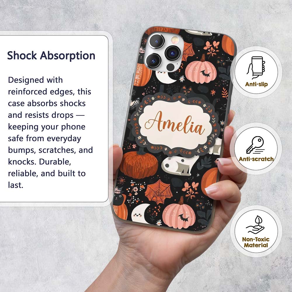 Cute Halloween Cats Pumpkins Moon Night Seamless Custom Name Protective Phone Case Mobile Cover Durable Everyday Smartphone Shock Resistant