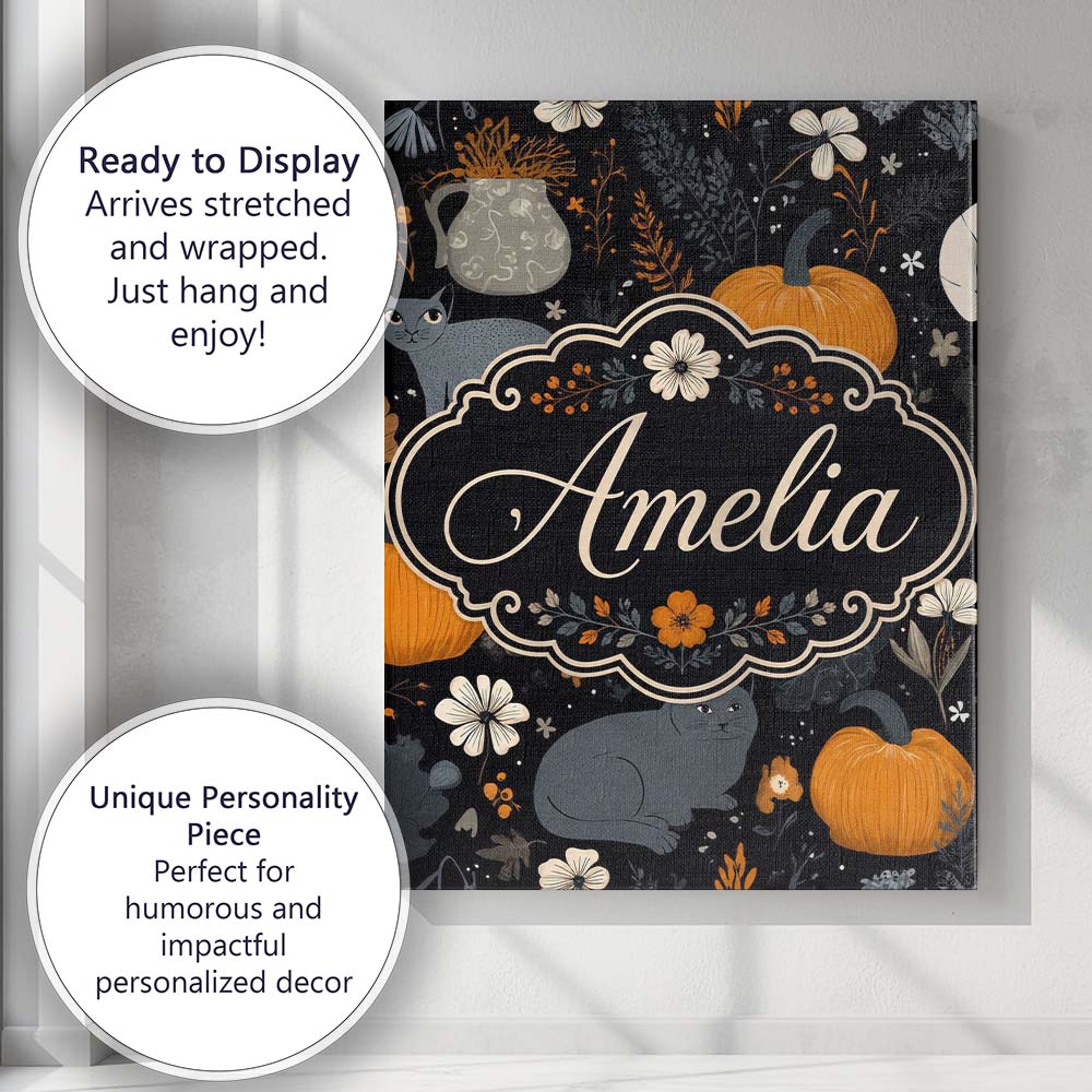 Personalised Name Autumn Pumpkin Cat Custom Premium Decorative Design Modern Room Accent Canvas Wall Art Print Decor Picture Ready to Hang