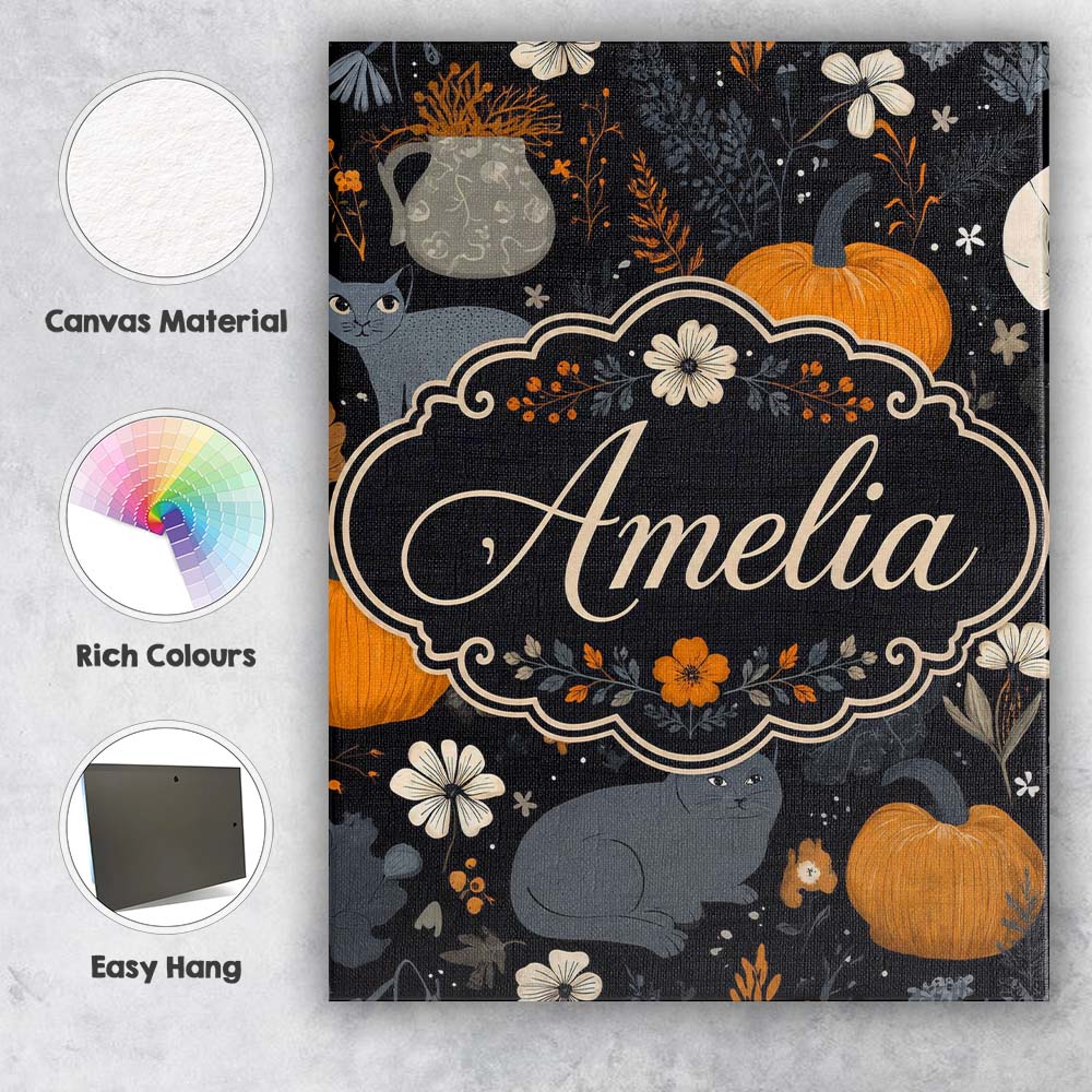 Personalised Name Autumn Pumpkin Cat Custom Premium Decorative Design Modern Room Accent Canvas Wall Art Print Decor Picture Ready to Hang
