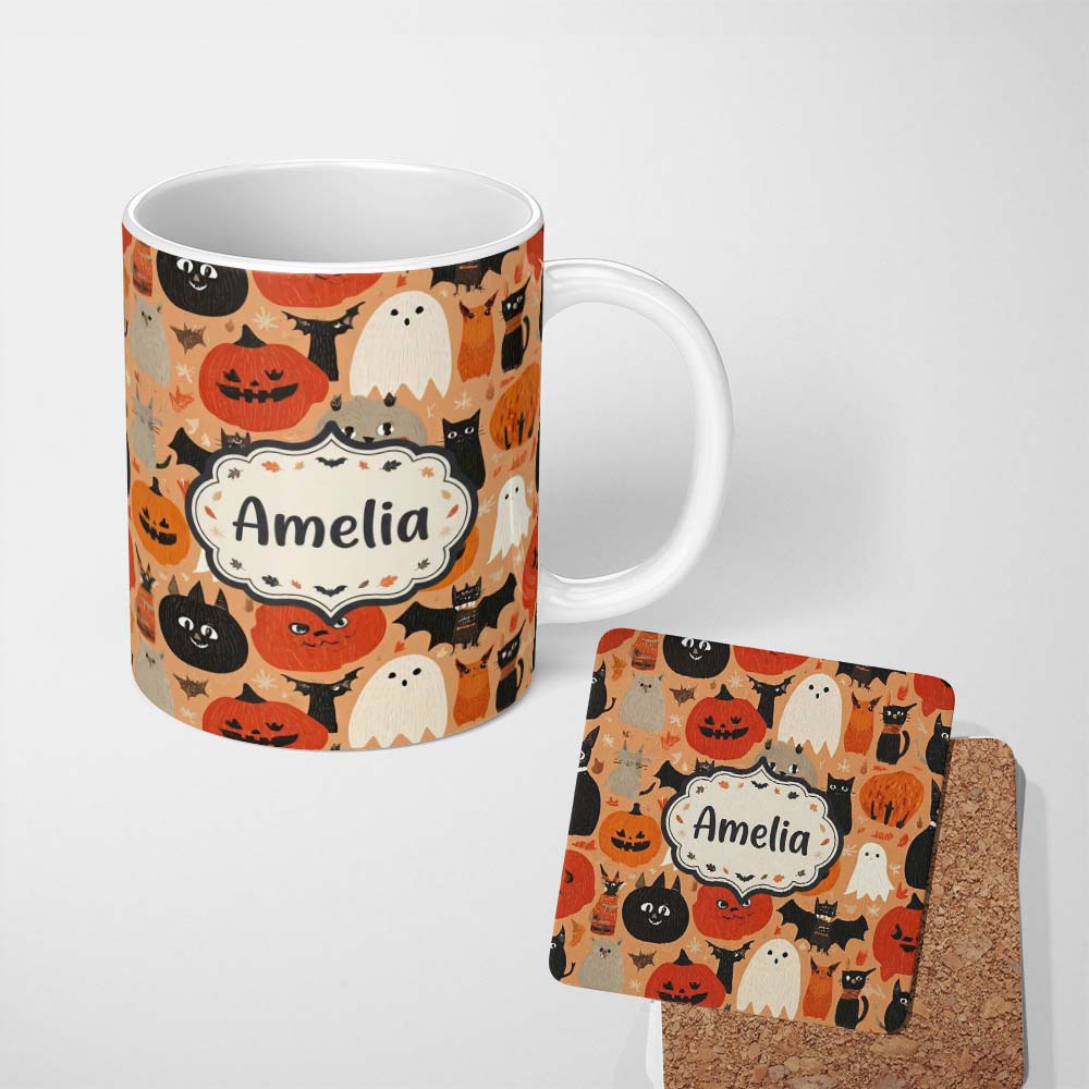 Personalized Custom Name Cute Halloween Cats Bats Pumpkins Seamless Pattern Custom Name 11oz Ceramic Coffee Tea Mug White Large Handle