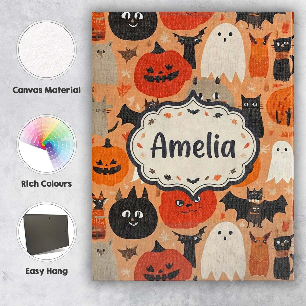 Personalised Name Cute Halloween Cats Bats Custom Unique Gift Idea Elegant Feature Canvas Wall Art Print Decor Picture Ready to Hang