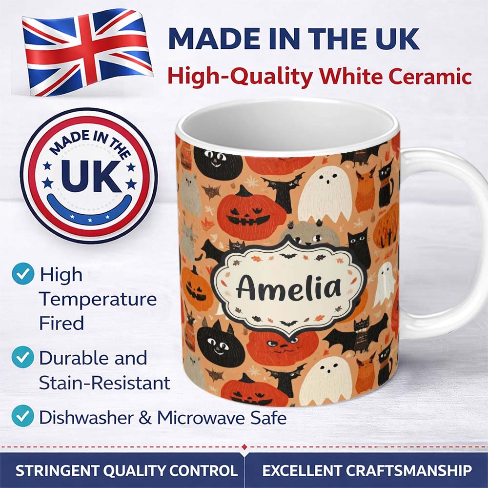 Personalized Custom Name Cute Halloween Cats Bats Pumpkins Seamless Pattern Custom Name 11oz Ceramic Coffee Tea Mug White Large Handle